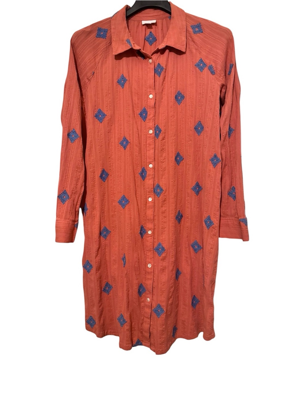 purejill J. Jill Coral & Embroidered Blue Crinkle LS Shirt Dress Cotton Sz LT